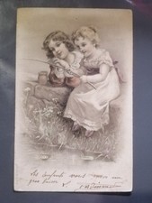 Old postcard illustration two young girls using a fishing rod