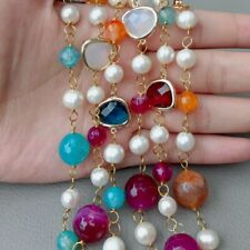 56" Cultured White Pearl Multi Color Agate Crystal Long Necklace