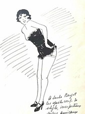 DRAWING in CHINA - EROTIC "GIRL with GUEPIERE" Signature MICHELINE FARRUIZ 1929