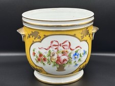 Vintage Hand Painted Yellow Porcelain Jardiniere Cache Pot w/ Flowers G&C France