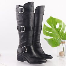 Donald Pliner Women's Dax Boot Size 6.5 Tall Moto Block Heel Black Leather Biker