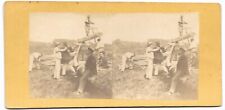 Stereo Photo Workers on a Construction Site and Musician Hunting Horn circa 1860