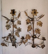 Pretty pair of FLOR ART sconces gold metal 6 candle holders grapes and flowers