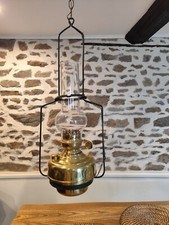 Large Electrified Brass Hanging Kerosene Lamp 