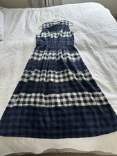 Toast Navy Ecru Dip Dye Stripe Gingham Sleeveless Midi Dress Size 12 Pockets