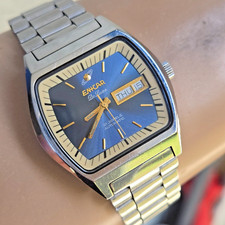 Vintage ENICAR men's automatic watch 2158-803 day/date Blue dial swiss 1970s