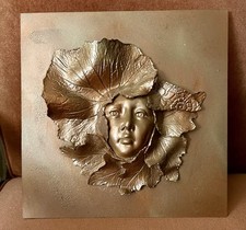 Nature Green Girl Leaf Face Wall Plaque Plexiglass Signed John Rymer 11” square