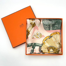 Auth Hermes Carré 90 Copeaux Pink x Multicolor Silk Scarf W/Box BA100187