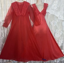 VTG S 32 34 RED Db Chiffon Peignoir Robe Nylon Nightgown Set w Inset Lace Trim