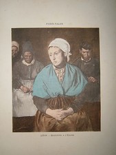 Engraving 19° 1899 color Breton painting at church