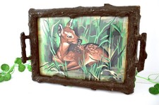 VINTAGE HANDMADE FAUX BOIS TRAY Deer Wooden Rustic Folk Art Paint By Number
