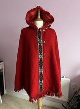 Vtg Evebofoss Fjord Pure New Wool Cape Red Hooded Thick Poncho Size 16/44 Norway