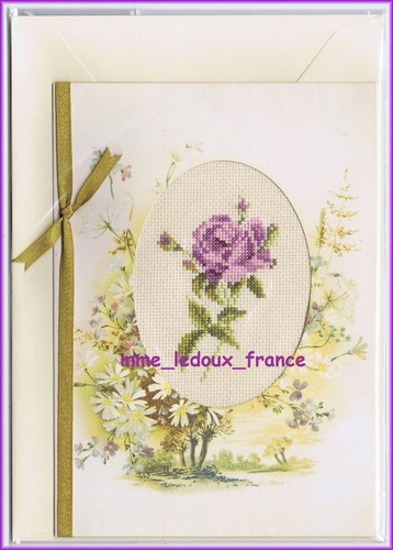 Carte brodée main rose - carte,