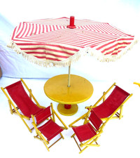 1960 Toy, Painted Wooden Sun Set, Table, Umbrella, 4 Folding Chairs
