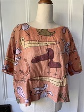 Obus size 0 (6-10) Low Tide Linen Top Cartoon Ocean Print Button Back Boat Neck