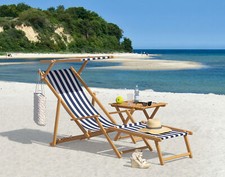 Chaise longue, bleu blanc rayé, chilienne, bain de soleil pliant, bois naturel