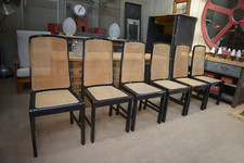Lot of 6 Vintage Original 1970s Black Lacquered Wood Cane Chairs