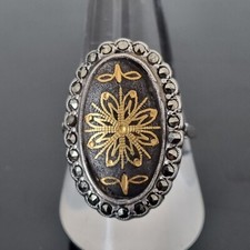 Bague Ancienne XIXè Damasquiné Argent et  Or Marcassites Toledo Ring Last 19thC