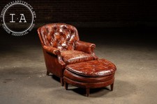 Vintage Tufted Leather Chesterfield Armchair and Ottoman by Hickory Chair