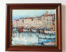 Tableau oginal huile sur toile port de Saint Tropez 46 x 38 cm Cadre bois