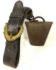 Antique Large Hungarian Cow Bell Necklace Leather Buckle Brass Decorated