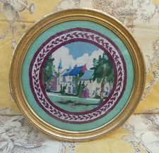 Antique tapestry frame work of lady manor castle 23.5cm diam old French