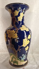 Grand vase ancien en céramique Bleu motif fleurs