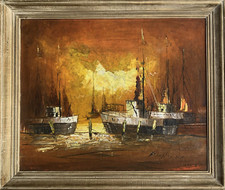 ( Sortie de grenier) BELLE PEINTURE MARINE VUE DES CHALUTIERS VERS 1950 SIGNEE