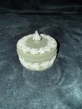 Vintage Wedgwood Sage Green Jasperware. Round Lidded Grapevine Trinket Box 1970