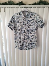 Mens Medium MBX Denim Wear Hawaiian Button Front Shirt Short Sleeve