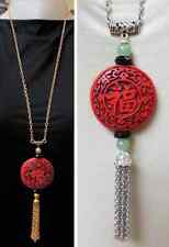 Pendentif chinois cinabre rouge, idéogramme chance, collier traditionnel chinois