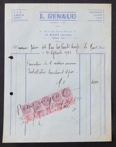 Billhead invoice 1943 renaud - invoice,