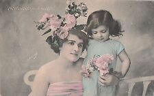 CP MATERNAL SOLICITUDE - WOMAN BARE SHOULDERS LITTLE GIRL WITH PINK FLOWERS