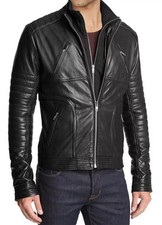 Blouson noir de moto de motard élégant fait main en cuir d'agneau véritable...