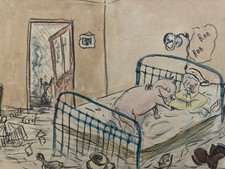 Beau DESSIN Humour Cochon Lit Aquarelle 1960 Art Ancien A Identifier Comique