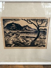 WPA 1930s Linoleum Cut Crow Peak South Dakota Signed