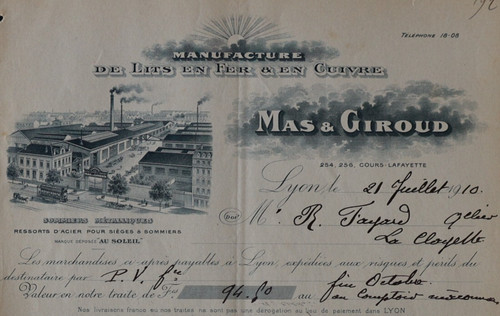 Facture lyon 1910 - lyon, fer