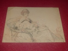 LOUIS RIDEL (1866-1937) ORIGINAL DRAWING CHALK PENCILS COLORS ca 1900 woman