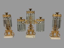 Antique Victorian Three Piece Girandole Candelabra Set w Knights & Etched Prisms
