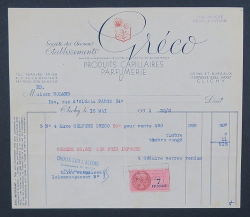 Facture 1951 parfumerie soins - parfumerie,