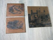 3 Antique Engraved Copper Print Plate Matrix Birds & Castle