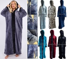 FULL ZIP UP FLUFFY Hooded Dressing Gown Long Line Bath robe Blanket Sherpa Soft