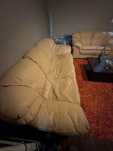 Beige leather sofa - leather, matching