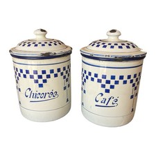 Antique Enameled Sheet Metal Coffee And Chicory Jars Lustucru Decor