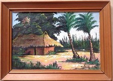 MOKELO huile sur toile école africaine contemporaine Case palmier brousse savane