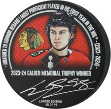 Connor Bedard Chicago Blackhawks Signed 2024 Calder Trophy Hockey Puck - LE 99