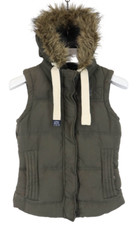 SUPERDRY University Gilet Vest Women's XS Puffer Fur Hood Down Feather Logo Zip