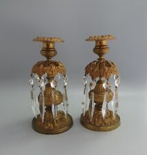 Pair of Regency Period Gilt Metal Candlesticks with Cut Glass Lustre Drops c1820
