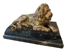 Bronze Lion with Gilded Patina Resting on Green Marble Base 19th Century