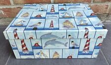 Antique Rigid Cardboard Box Decoration Lighthouse Dolphin Birds Boat